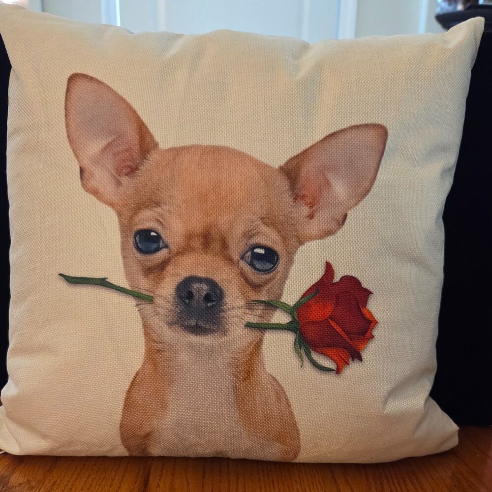 Brand New Chihuahua with Rose Floral Throw Pillow  Cover